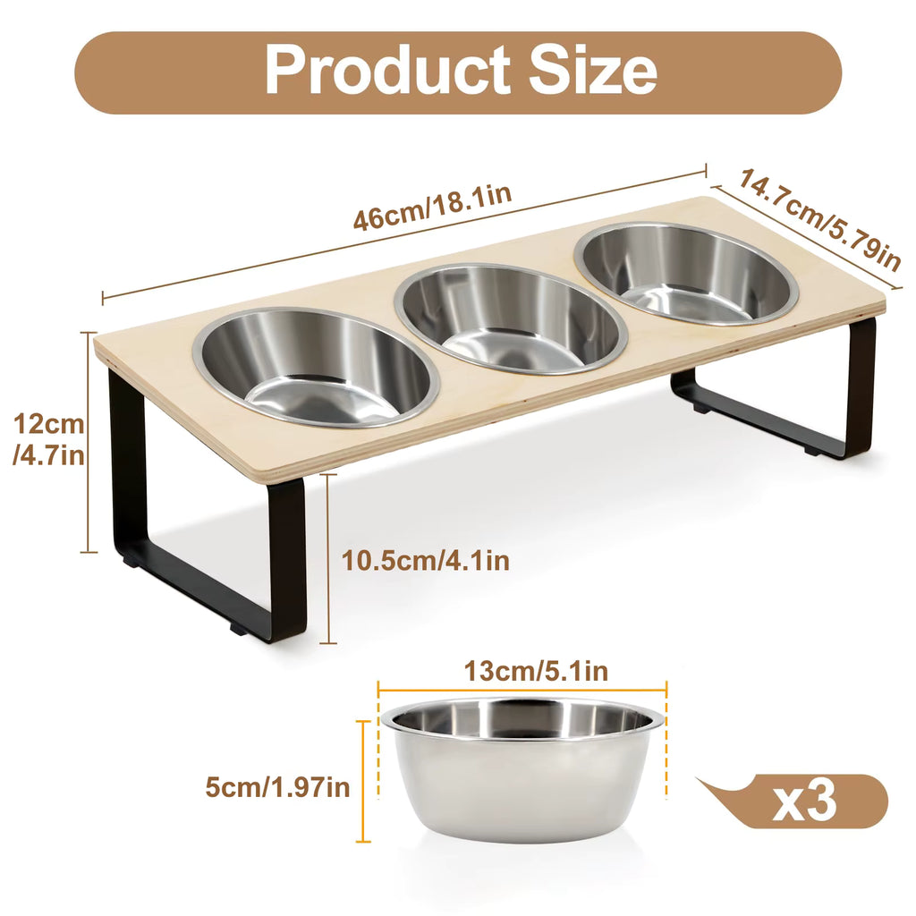 Elevated Cat Feeder with Stand - 15° Tilted 3-Bowl Stainless Steel Set