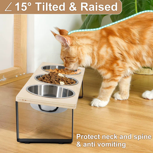 Elevated Cat Feeder with Stand - 15° Tilted 3-Bowl Stainless Steel Set